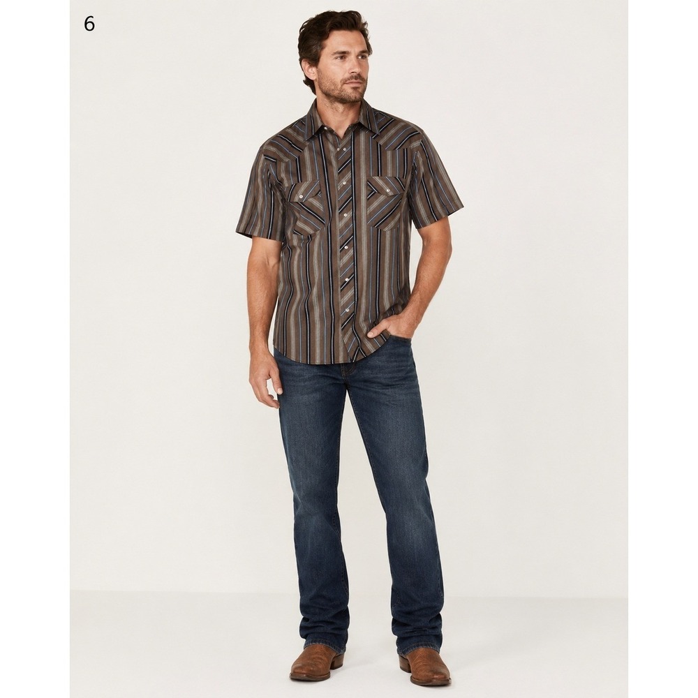 Vintage Wrangler Pearl Snap Western Shirt Mens 1X Big Brown Stripe Pockets